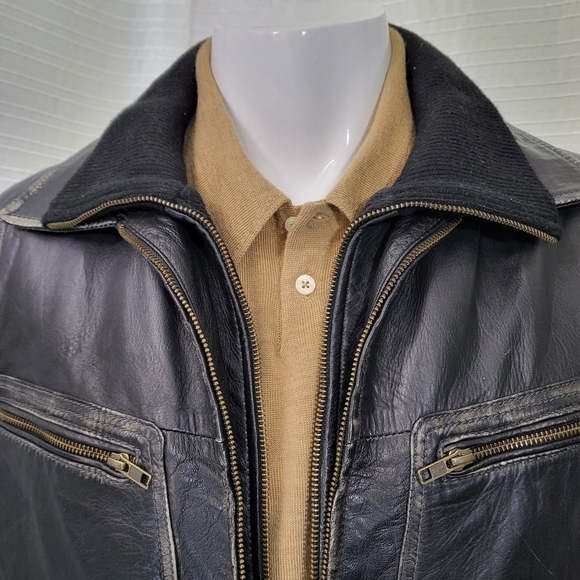 TRANSMISSION Distressed Leather Jacket Collared Removable Lining Black Men's L - Picture 3 of 16